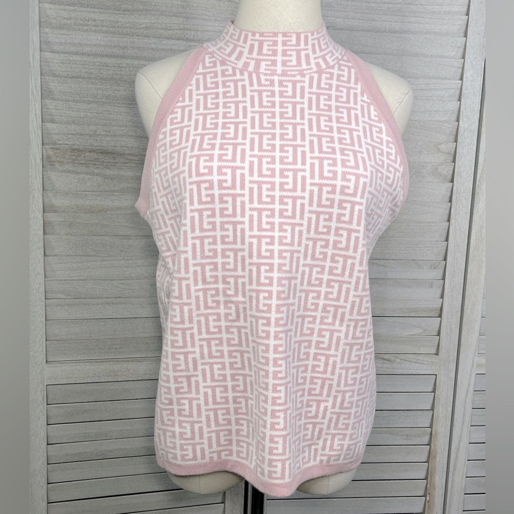 SIONI High Neck Knit Tank Top Pink/White-Large